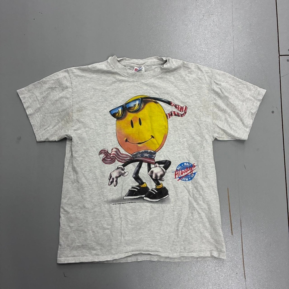 Vintage 90s Walmart Smiley Face Promo T-Shirt Mens Large Hanes Grey Stafford VA